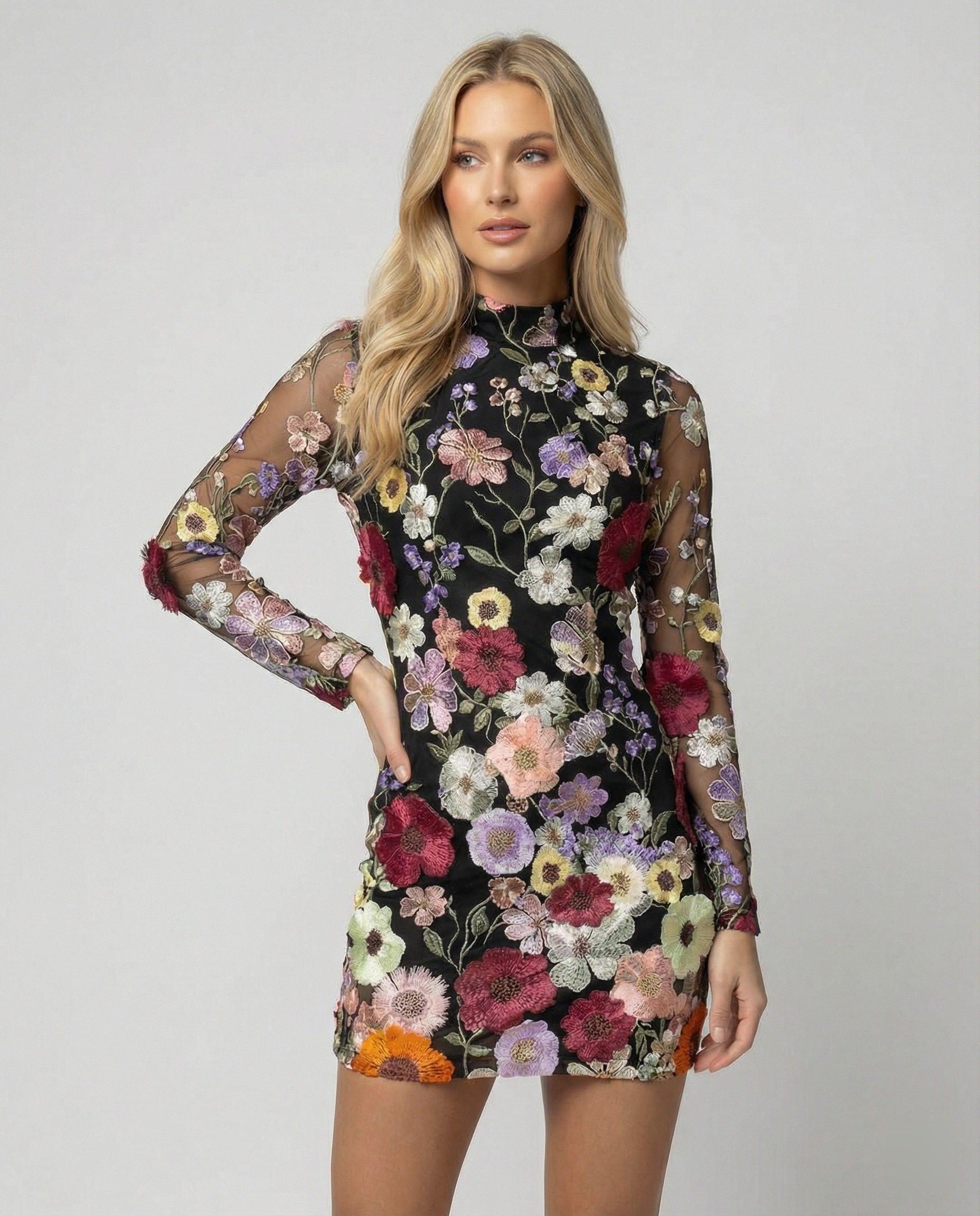 Floral Summer Dress Women | Mini Dress, Long Sleeve | Embroidered