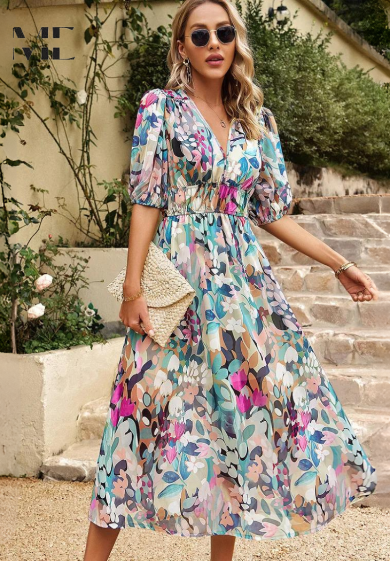 Esme | Women's Floral V Neck Midi Wedding Guest Dress