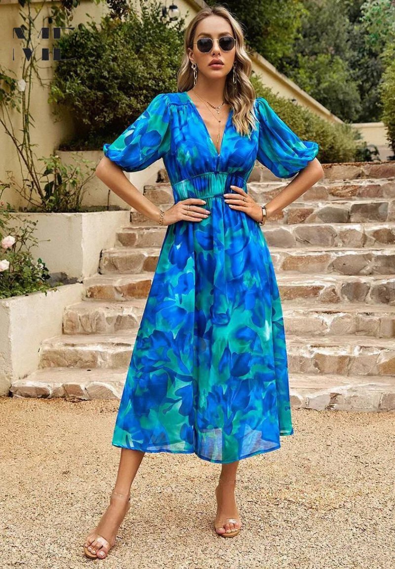 Esme | Women's Floral V Neck Midi Wedding Guest Dress