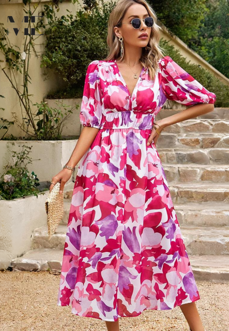 Esme | Women's Floral V Neck Midi Wedding Guest Dress