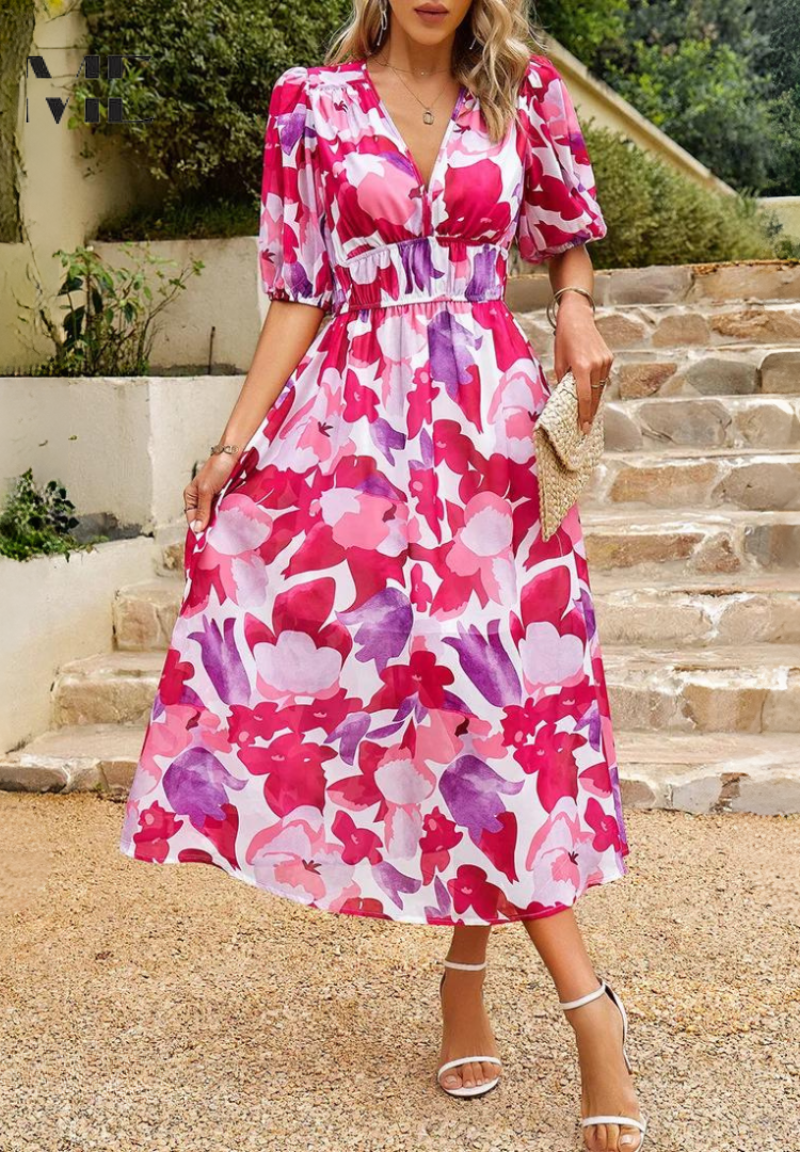 Esme | Women's Floral V Neck Midi Wedding Guest Dress