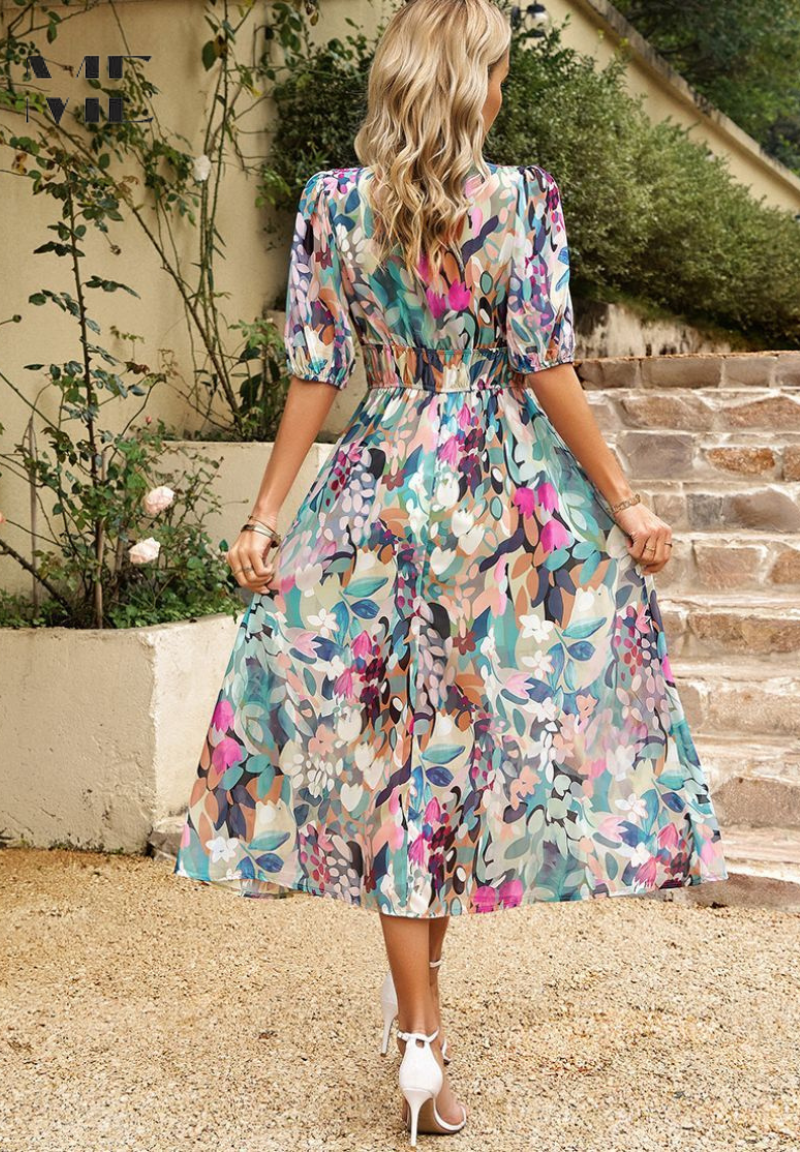 Esme | Women's Floral V Neck Midi Wedding Guest Dress