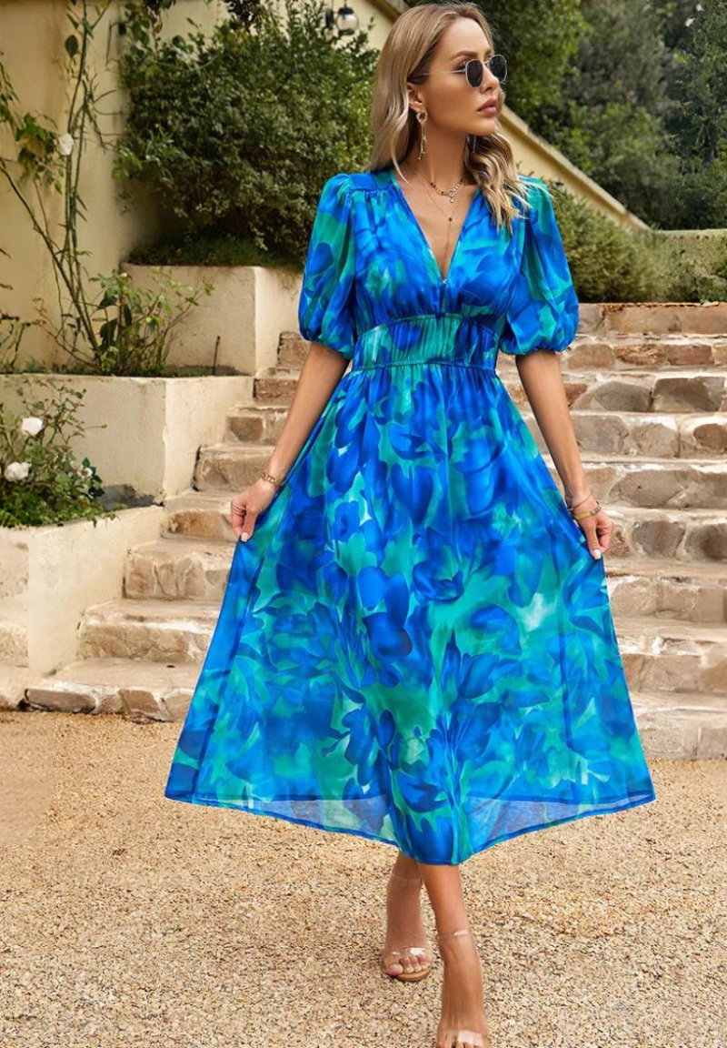 Esme | Women's Floral V Neck Midi Wedding Guest Dress